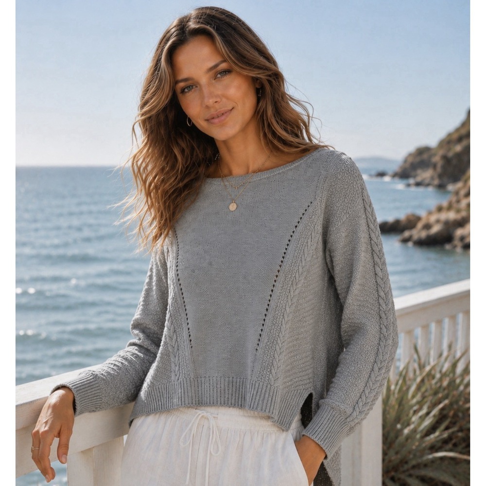 Fisherman Wool Cable Sweater Womens Size M Cropped Minimalist Preppy Coastal